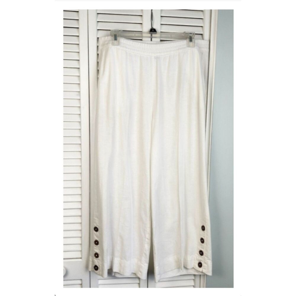 Caribbean Joe White Linen Pants Wide Leg Cropped Size Medium Button Detail